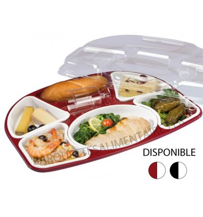 Kit plateau repas 5 compartiments rectangulaire rouge plastique 42x26,4x6,5  cm Alphaform (15 pièces) - 229686